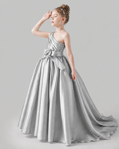 Silver Satin A-line Pageant Dress Side View