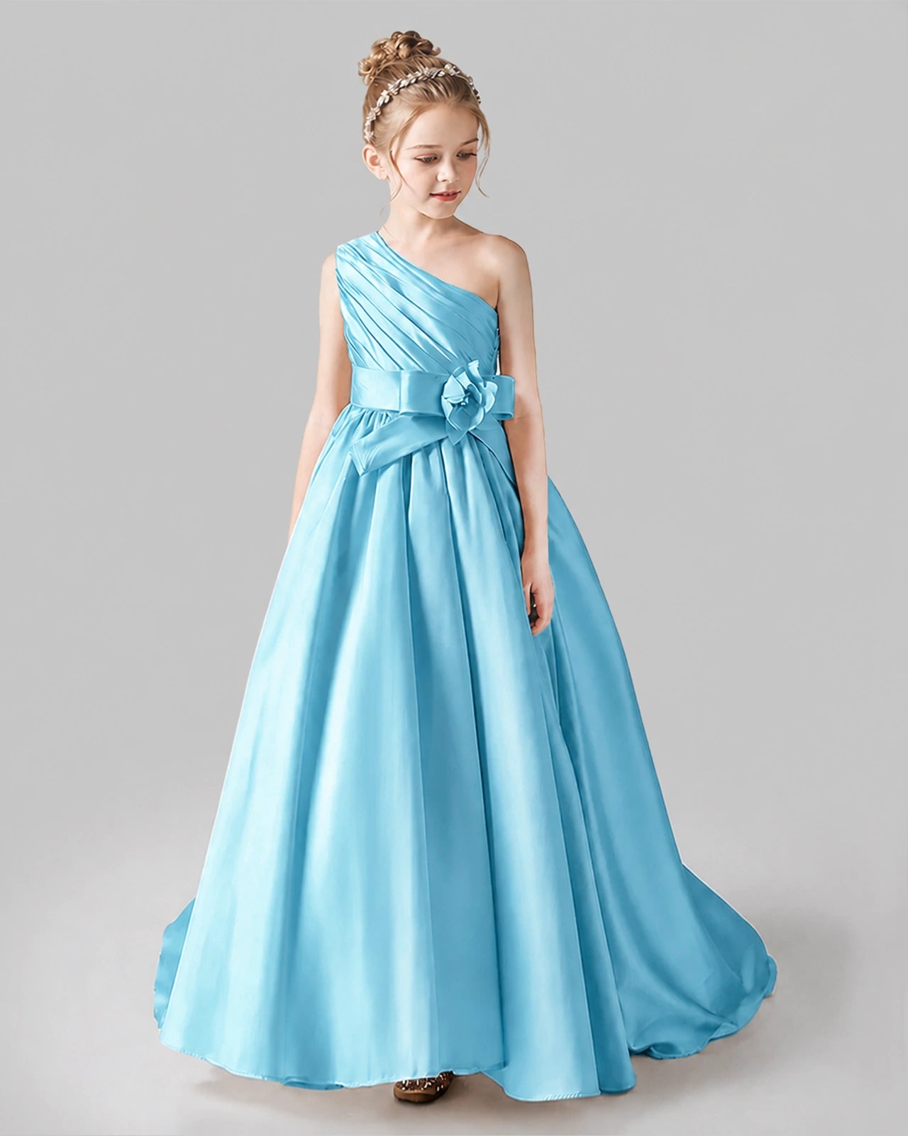 Sky Blue Satin A-line Pageant Dress Front View