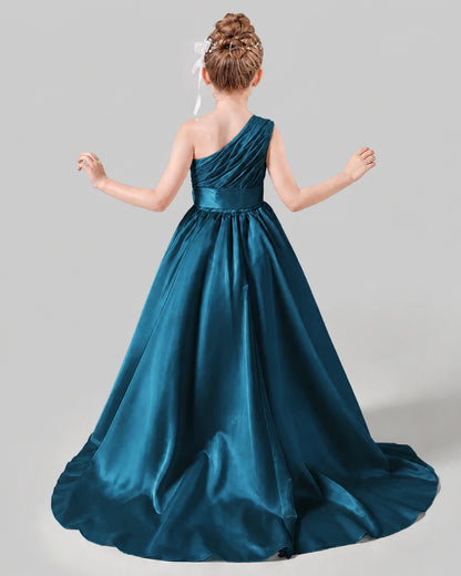 Teal Satin A-line Pageant Dress Back View