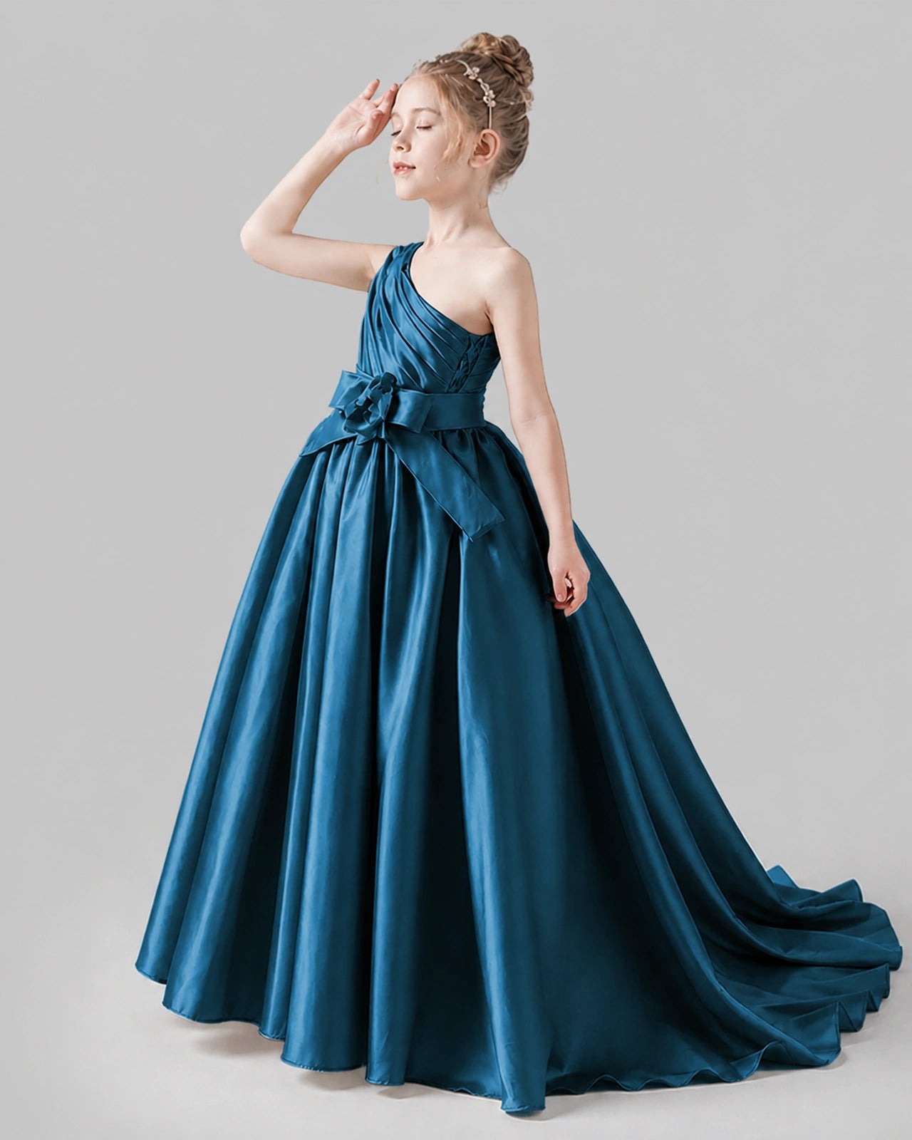 Teal Satin A-line Pageant Dress Side View