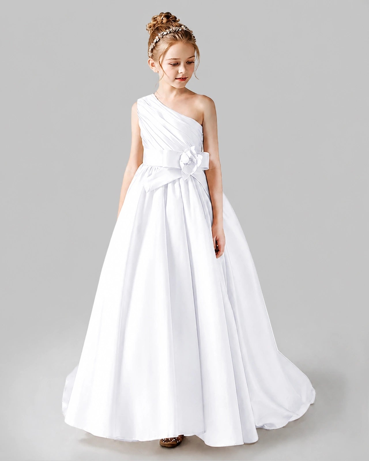 White Satin A-line Pageant Dress Front View
