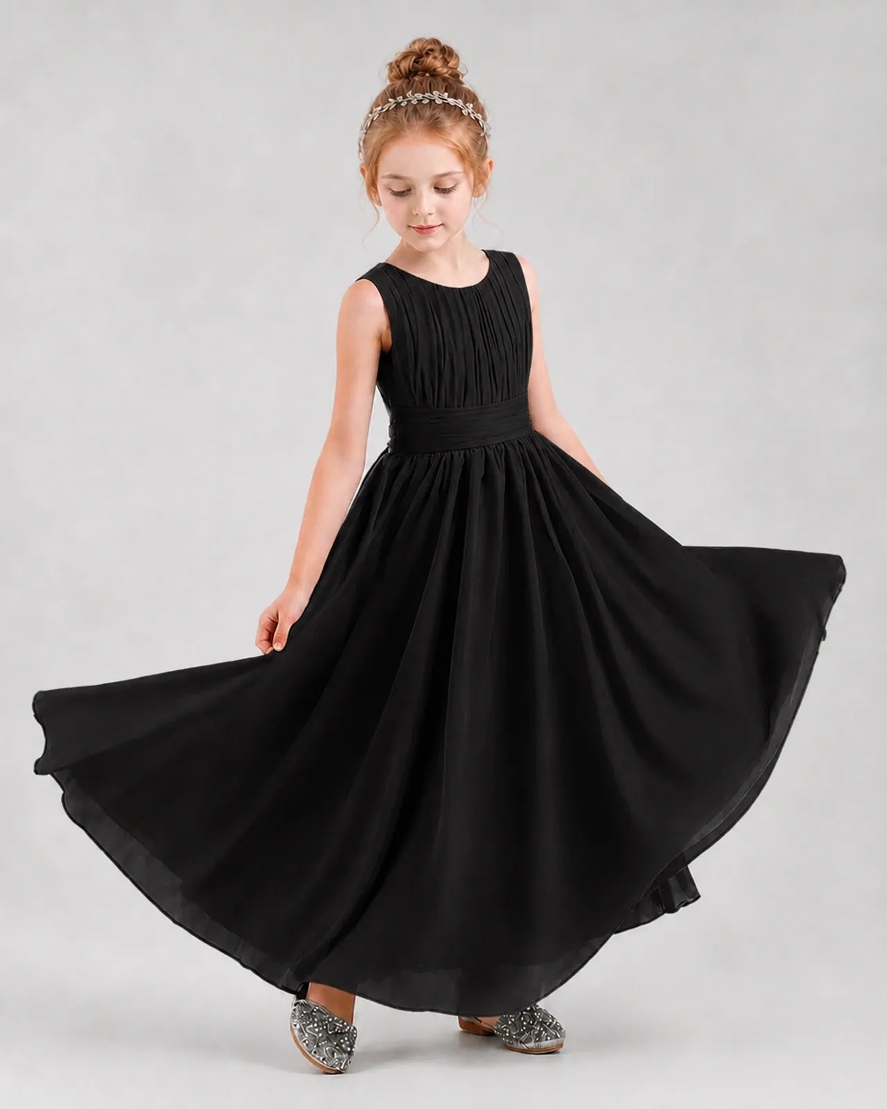 Black Chiffon A-line Junior Bridesmaid Dress Front View