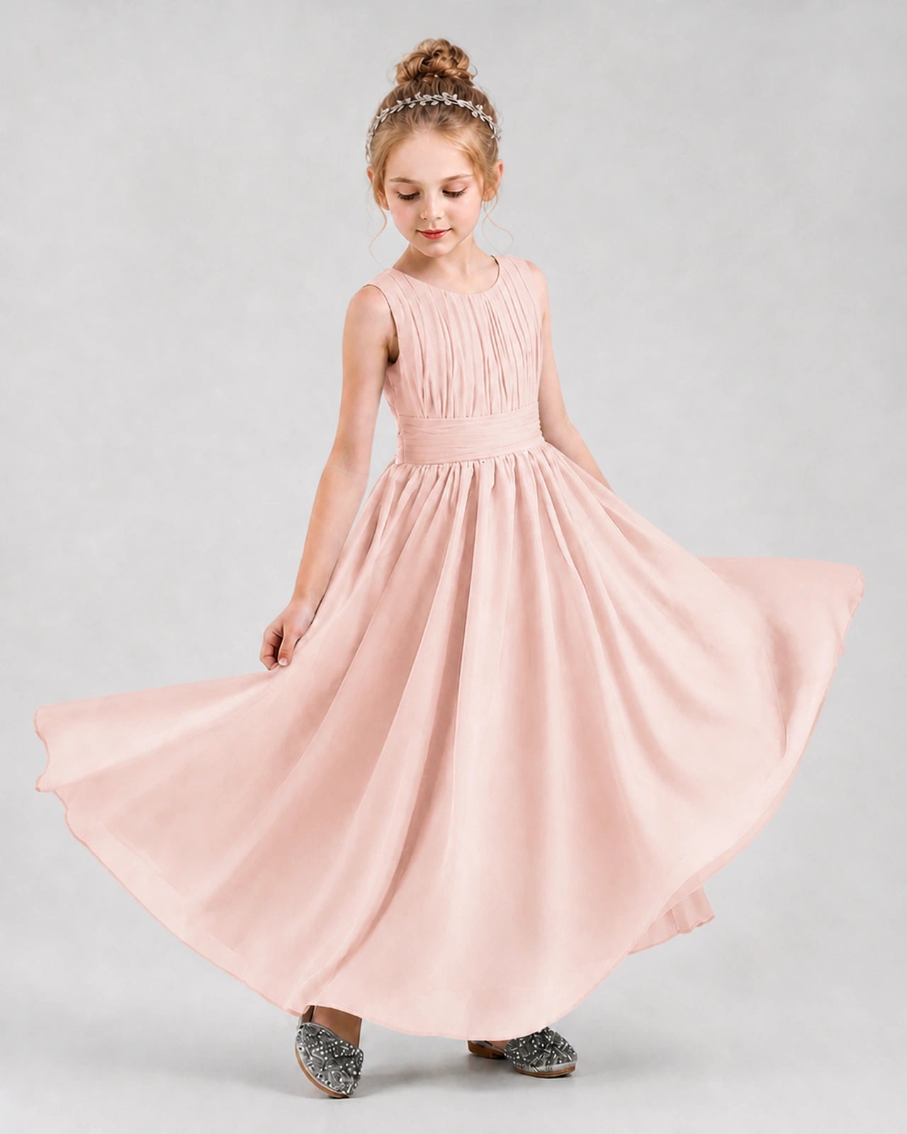 Dideyttawl Junior Bridesmaid Dress with Pleated Bodice and Flowy Chiffon Skirt