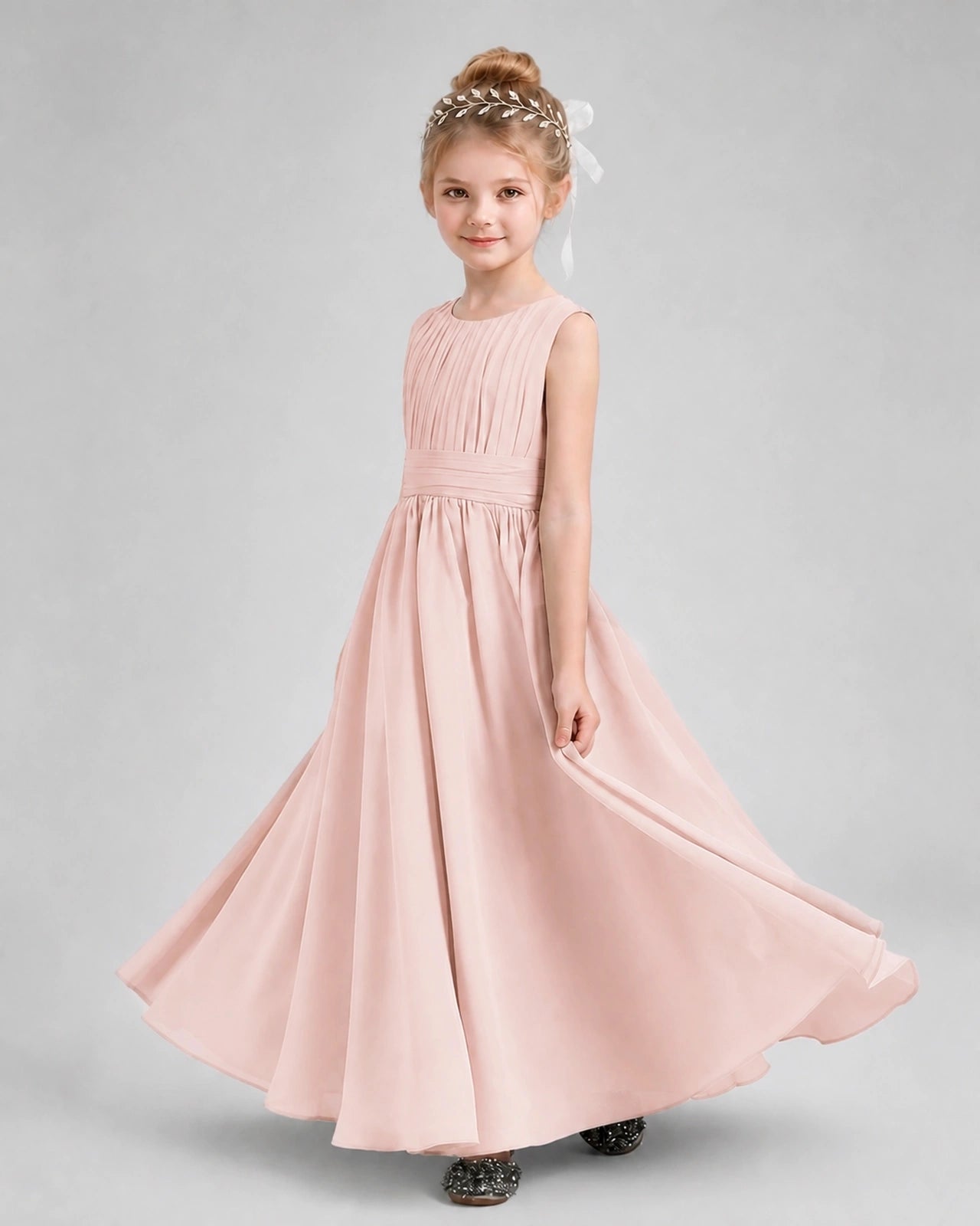Dideyttawl Junior Bridesmaid Dress with Pleated Bodice and Flowy Chiffon Skirt