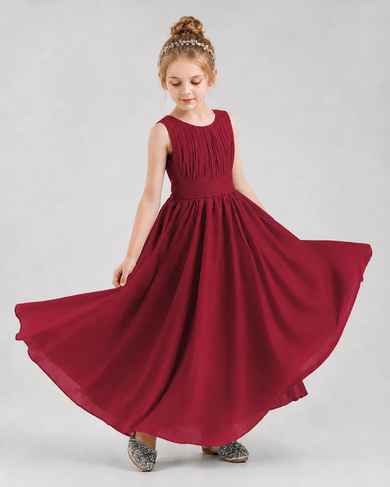 Burgundy Chiffon A-line Junior Bridesmaid Dress Front View