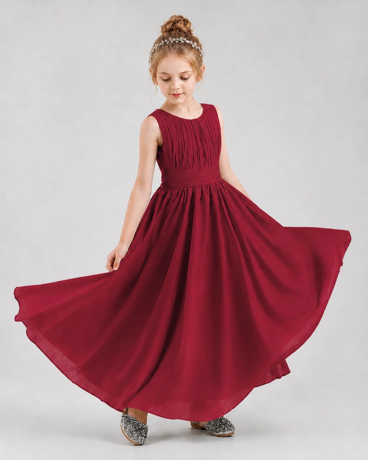 Dideyttawl Junior Bridesmaid Dress with Pleated Bodice and Flowy Chiffon Skirt