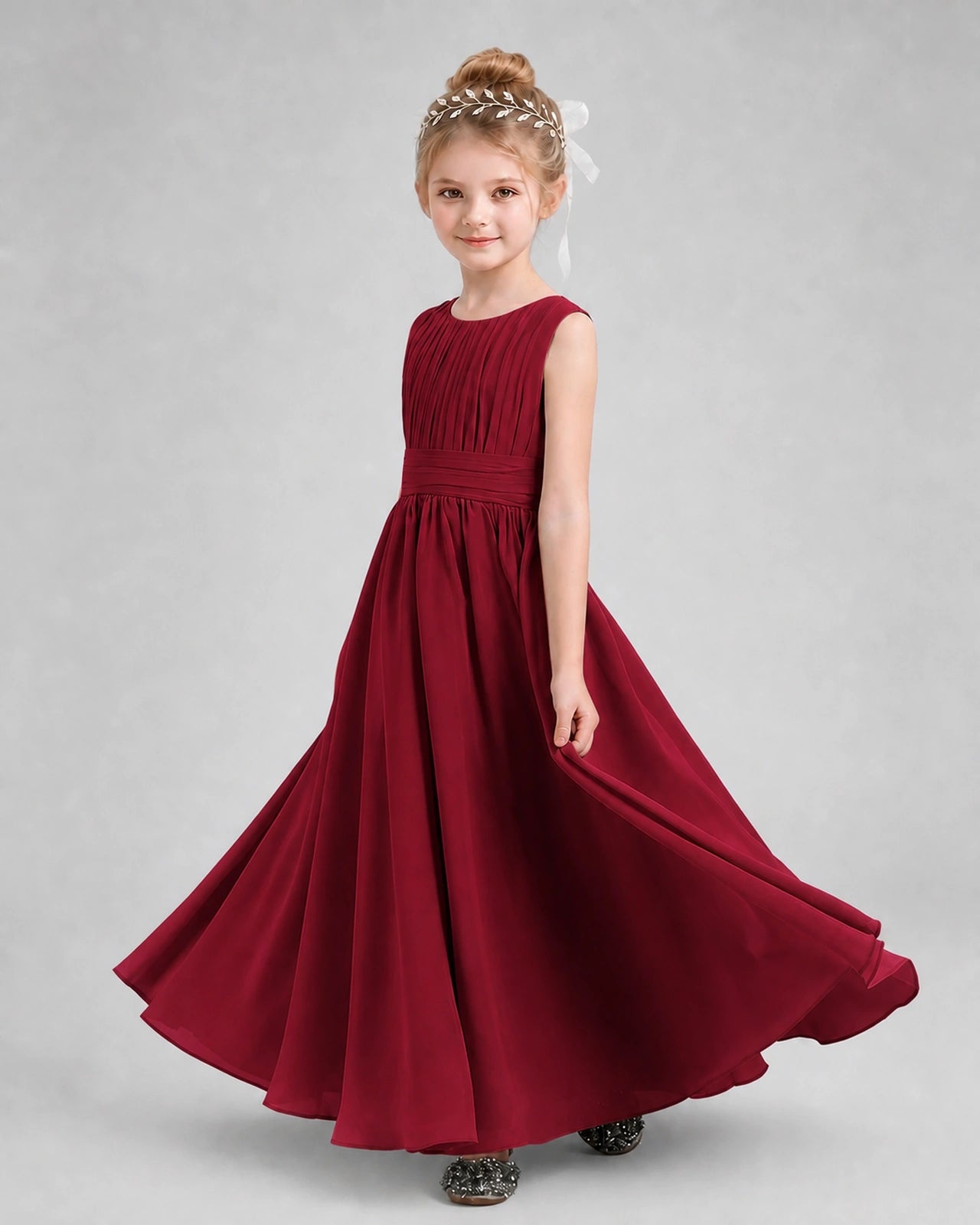 Dideyttawl Junior Bridesmaid Dress with Pleated Bodice and Flowy Chiffon Skirt