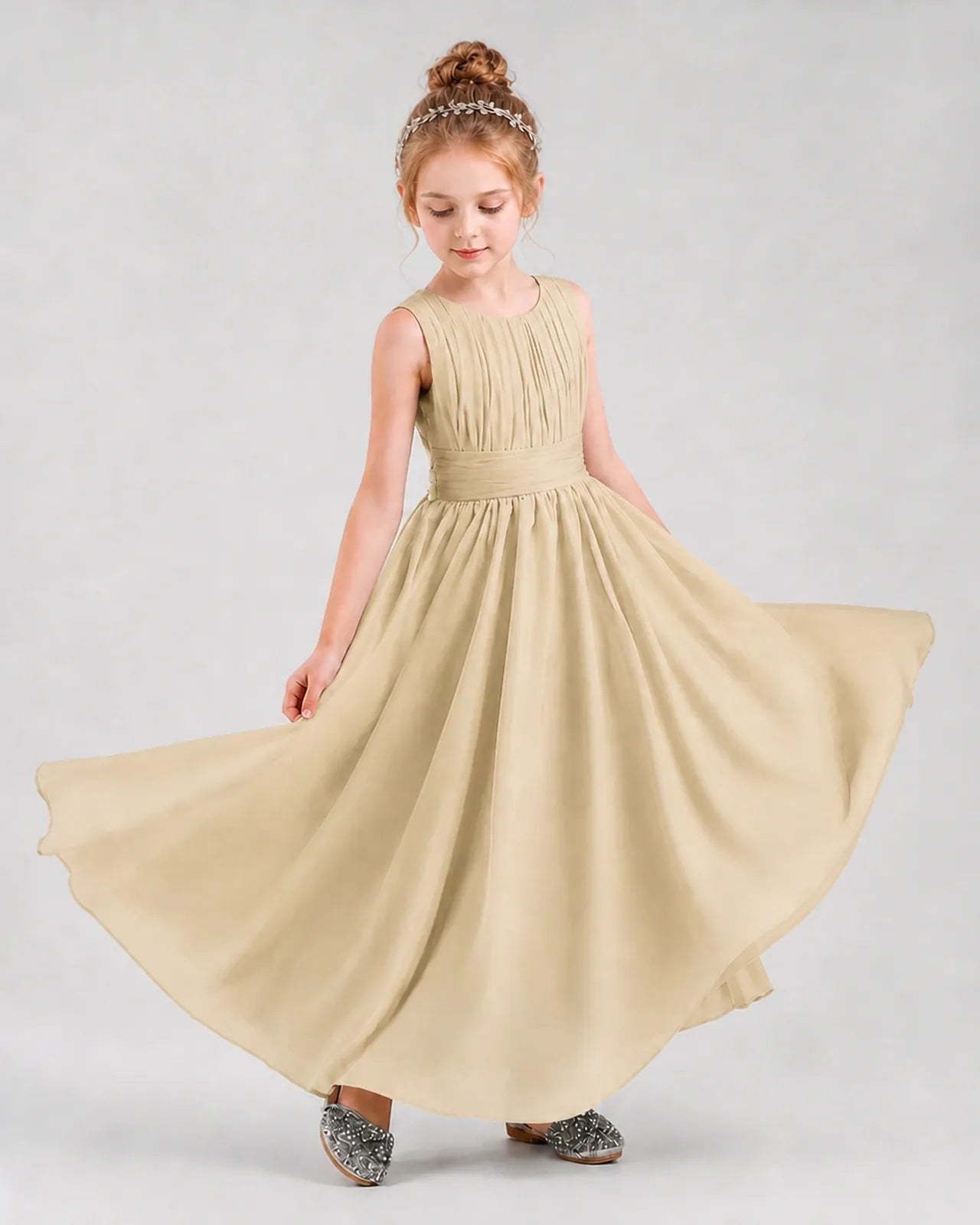 Champagne Chiffon A-line Junior Bridesmaid Dress Front View