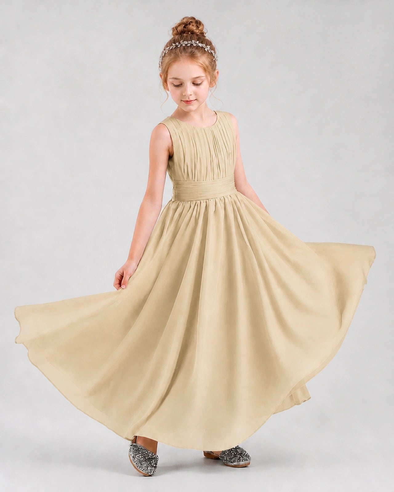 Dideyttawl Junior Bridesmaid Dress with Pleated Bodice and Flowy Chiffon Skirt
