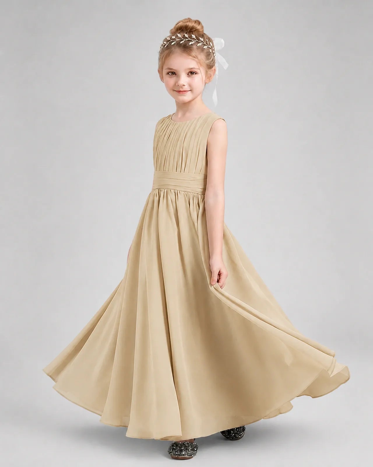 Champagne Chiffon A-line Junior Bridesmaid Dress Side View