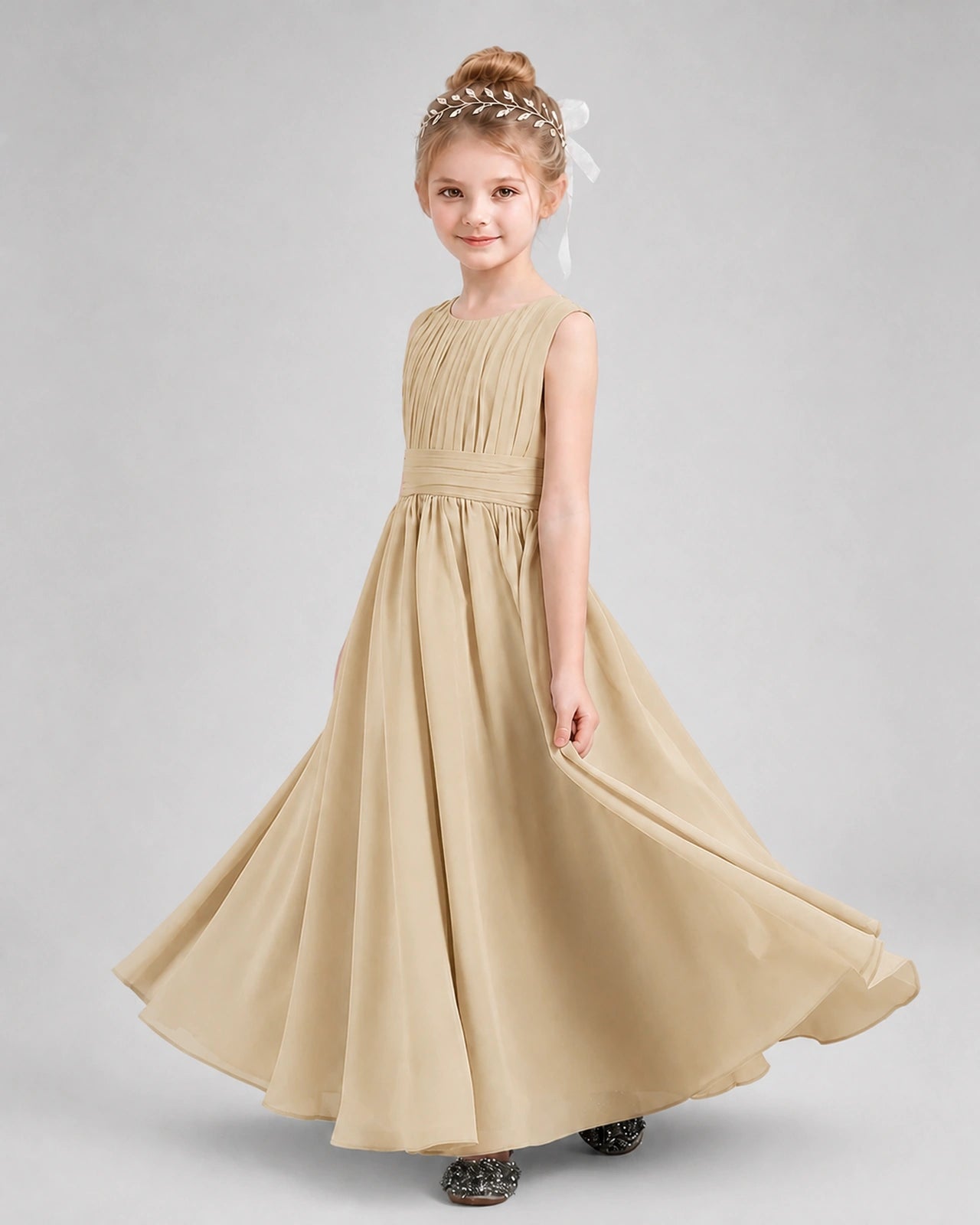 Dideyttawl Junior Bridesmaid Dress with Pleated Bodice and Flowy Chiffon Skirt