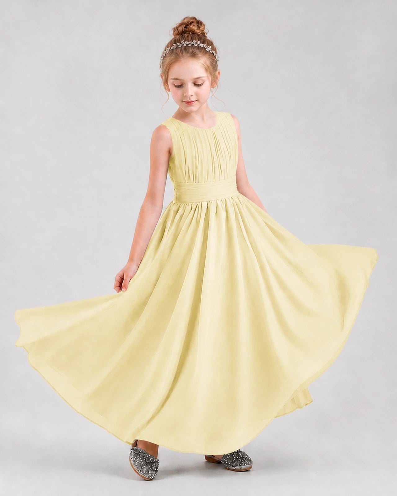 Dideyttawl Junior Bridesmaid Dress with Pleated Bodice and Flowy Chiffon Skirt
