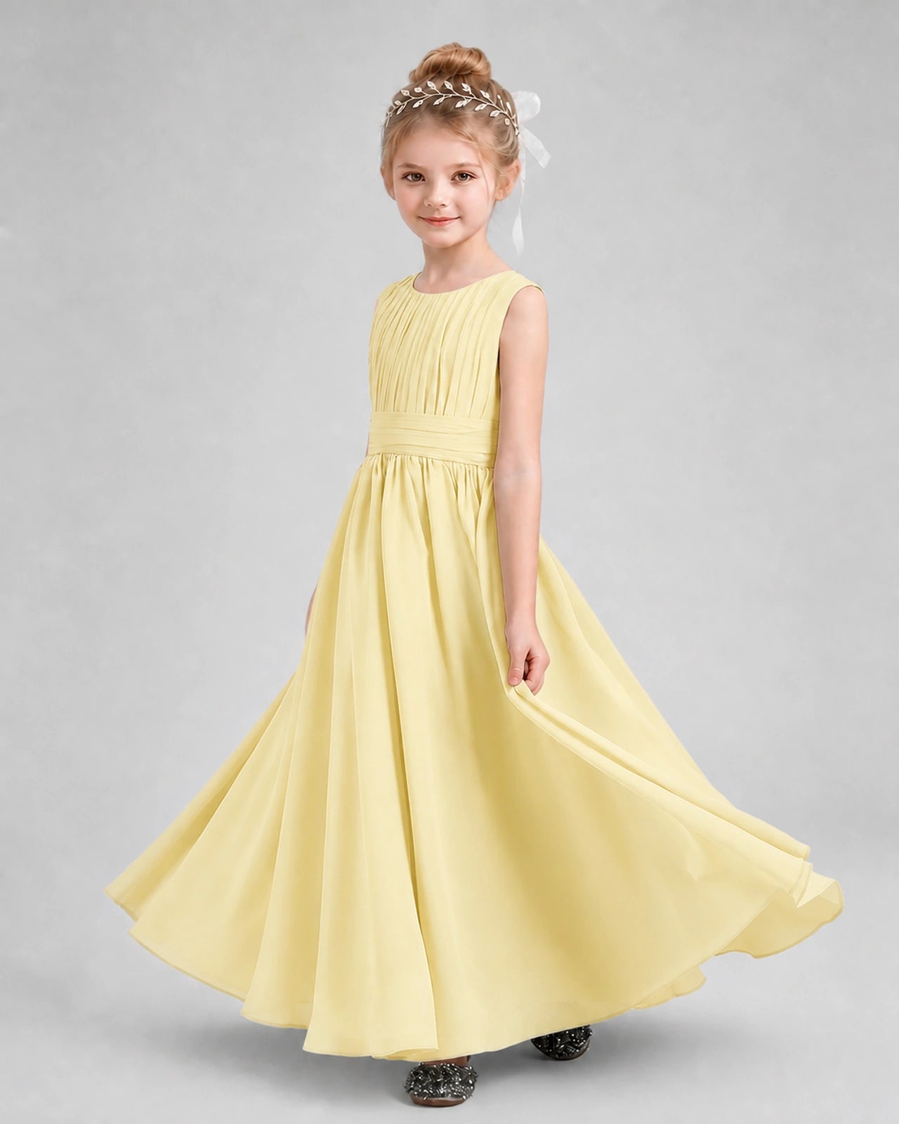 Dideyttawl Junior Bridesmaid Dress with Pleated Bodice and Flowy Chiffon Skirt