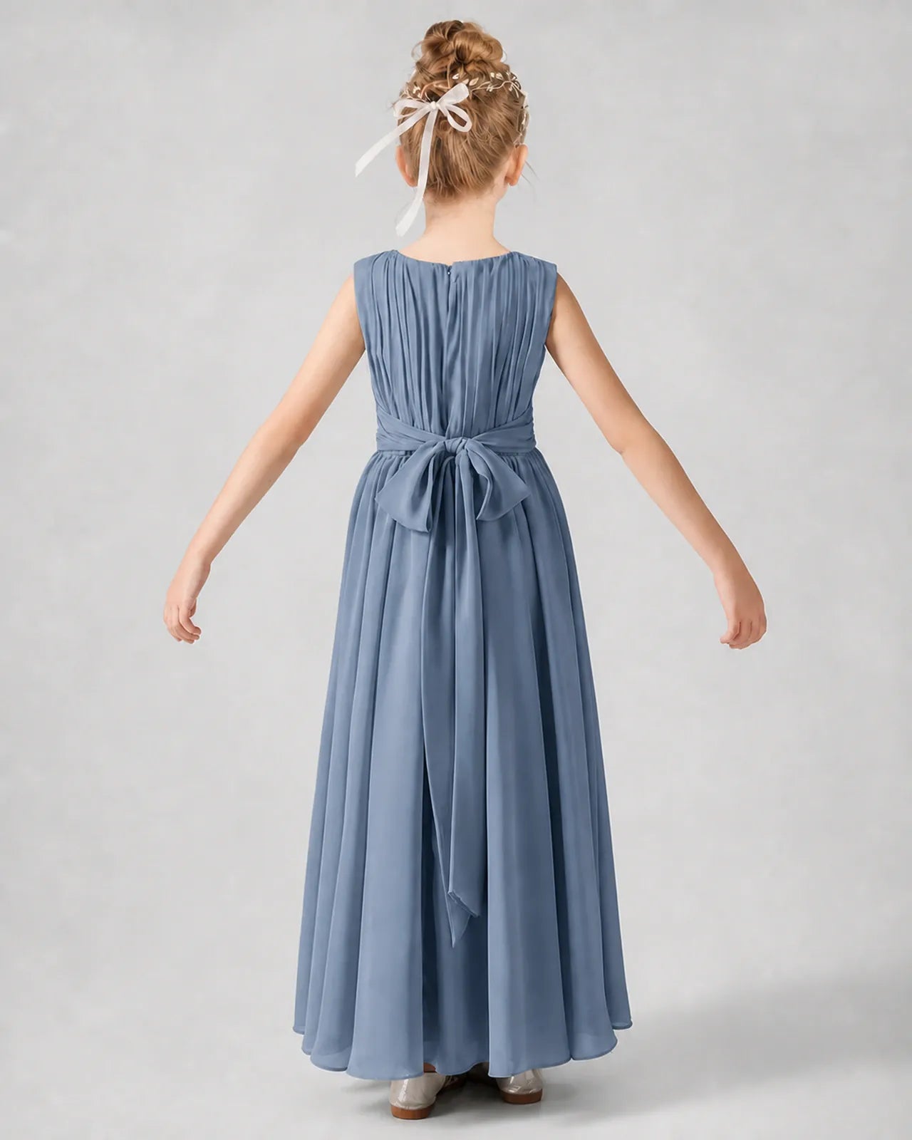 Dusty Blue Chiffon A-line Junior Bridesmaid Dress Back View