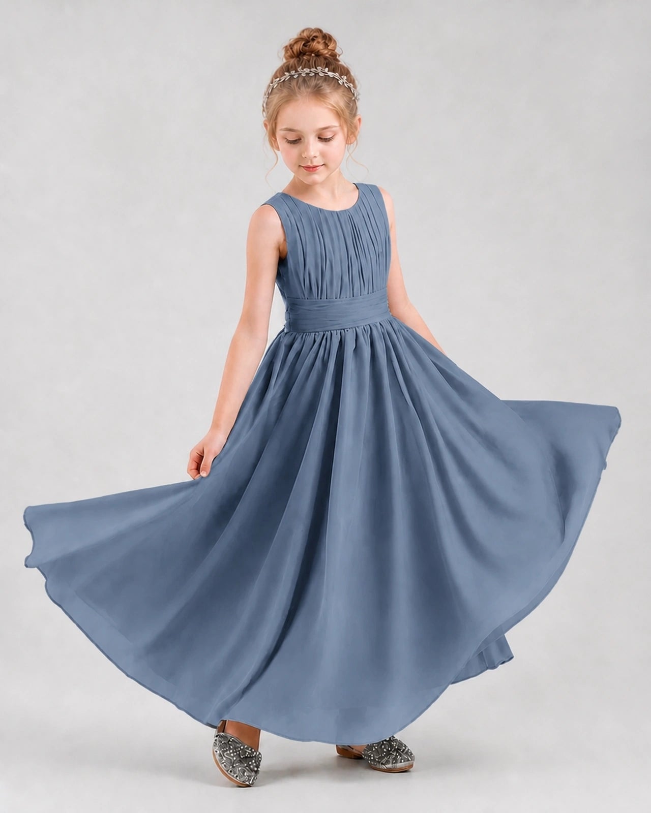 Dideyttawl Junior Bridesmaid Dress with Pleated Bodice and Flowy Chiffon Skirt