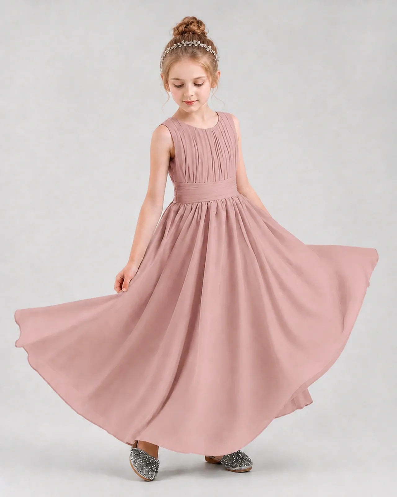 Dusty Rose Chiffon A-line Junior Bridesmaid Dress Front View