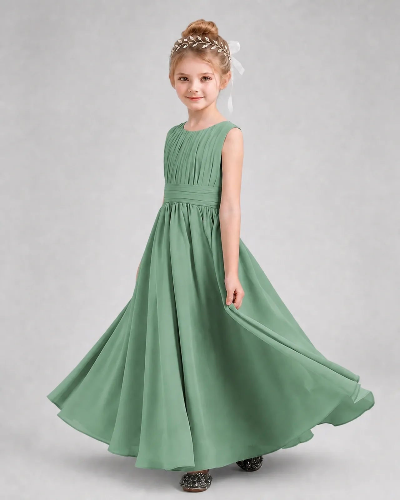 Eucalyptus Chiffon A-line Junior Bridesmaid Dress Side View