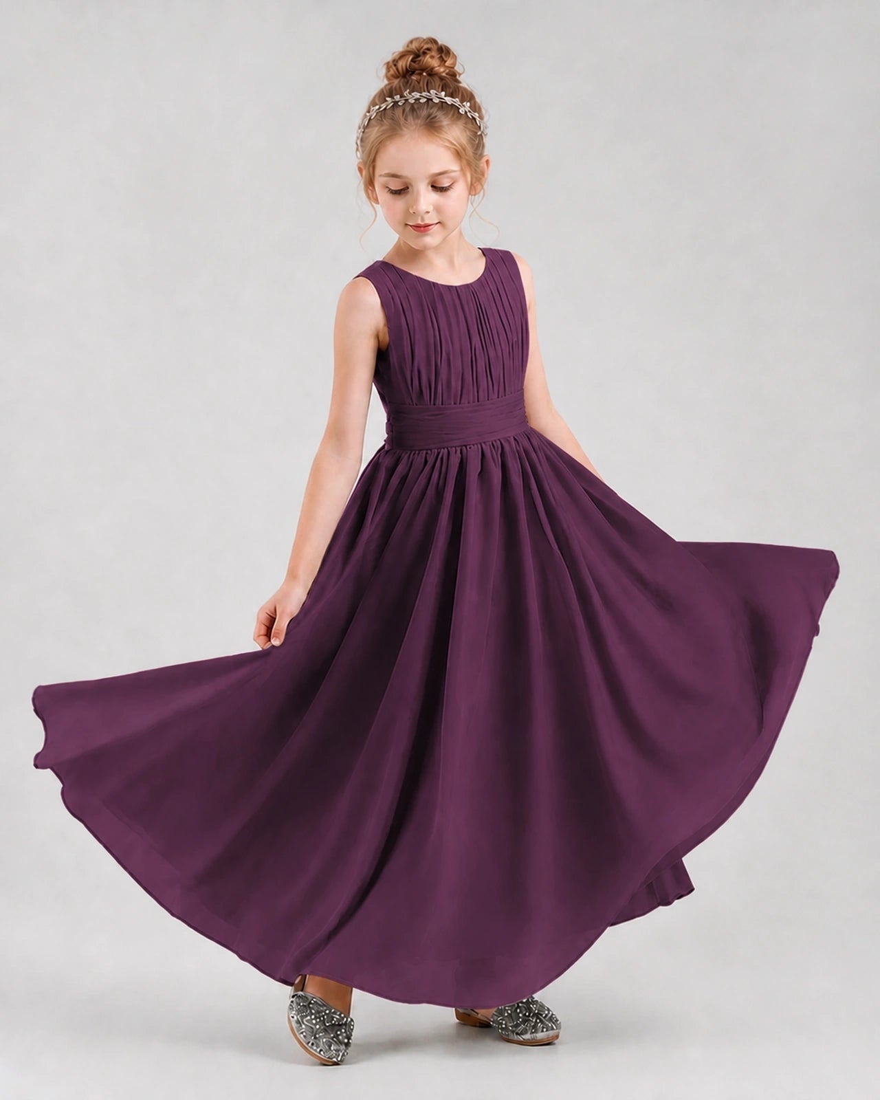 Dideyttawl Junior Bridesmaid Dress with Pleated Bodice and Flowy Chiffon Skirt