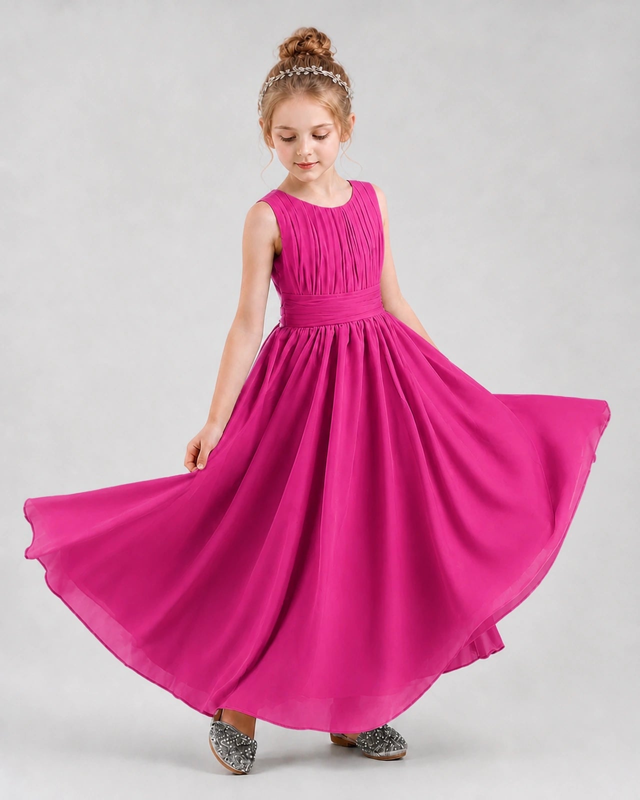 Dideyttawl Junior Bridesmaid Dress with Pleated Bodice and Flowy Chiffon Skirt