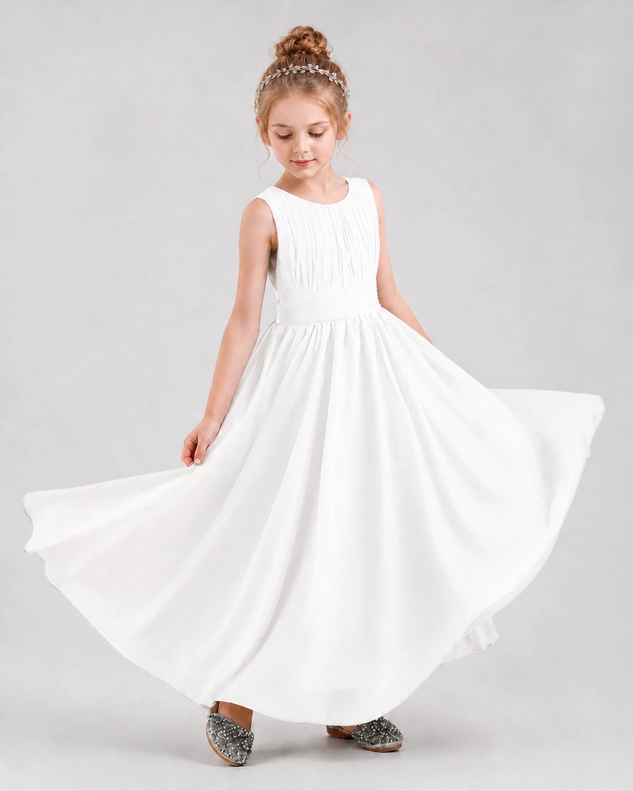 Dideyttawl Junior Bridesmaid Dress with Pleated Bodice and Flowy Chiffon Skirt