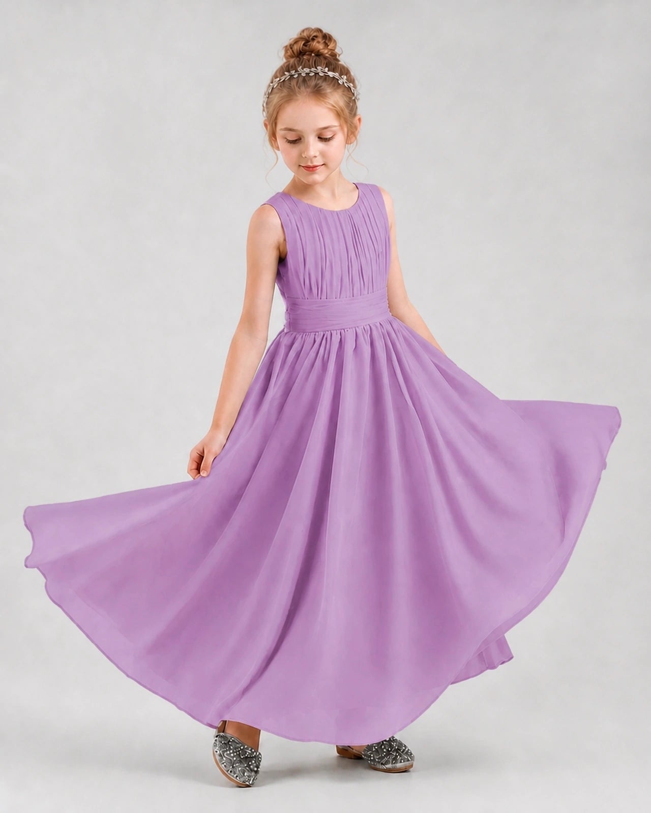 Dideyttawl Junior Bridesmaid Dress with Pleated Bodice and Flowy Chiffon Skirt