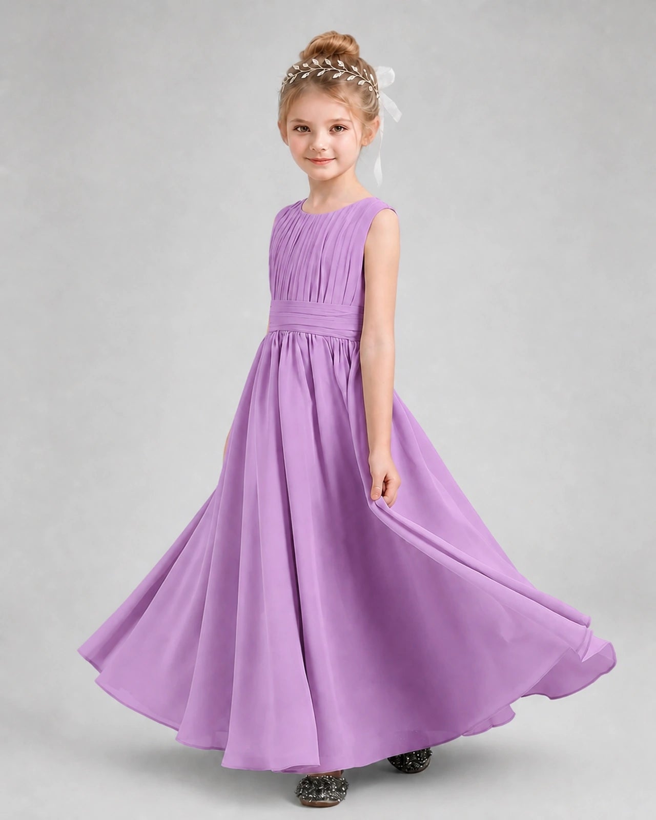 Dideyttawl Junior Bridesmaid Dress with Pleated Bodice and Flowy Chiffon Skirt