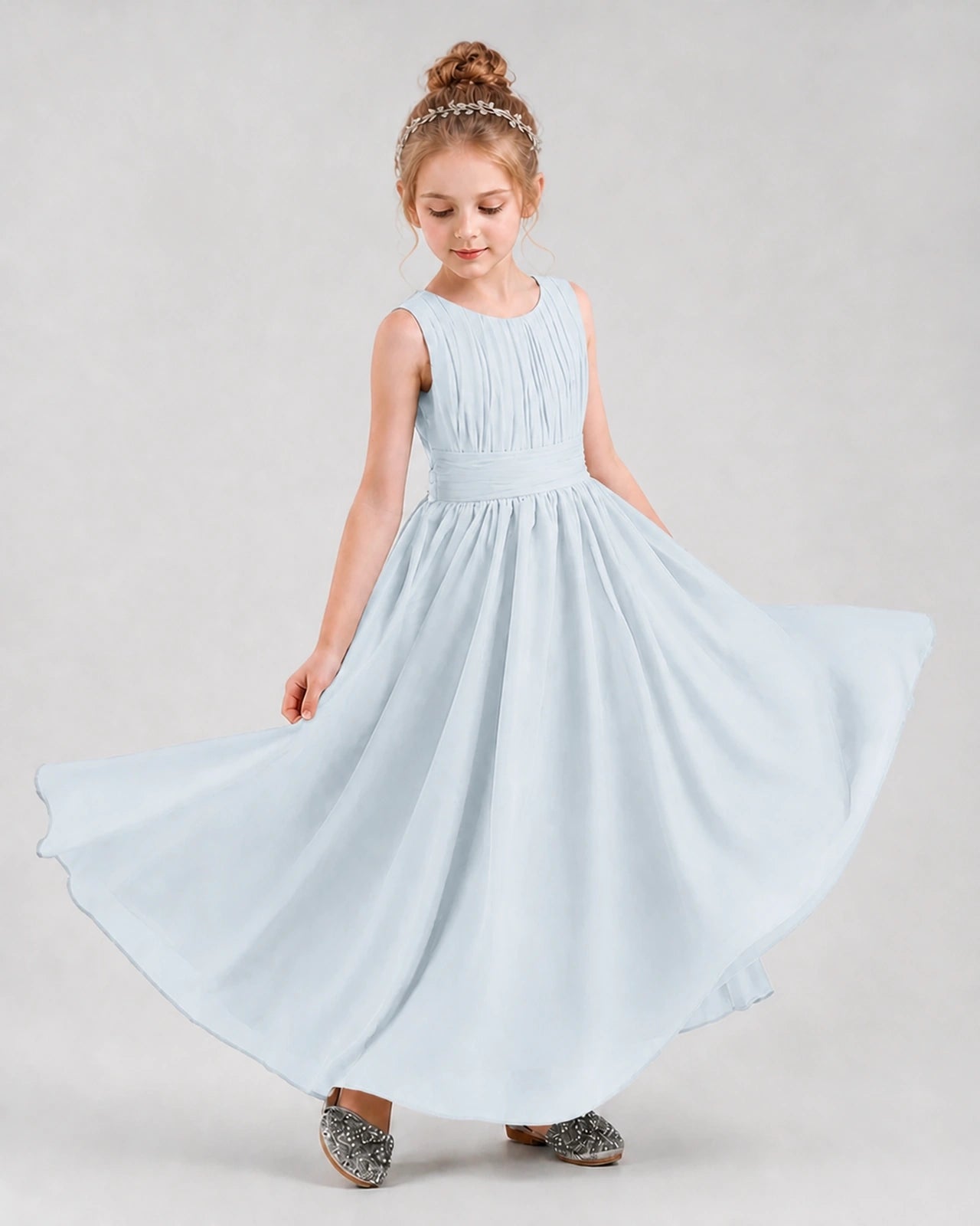 Dideyttawl Junior Bridesmaid Dress with Pleated Bodice and Flowy Chiffon Skirt
