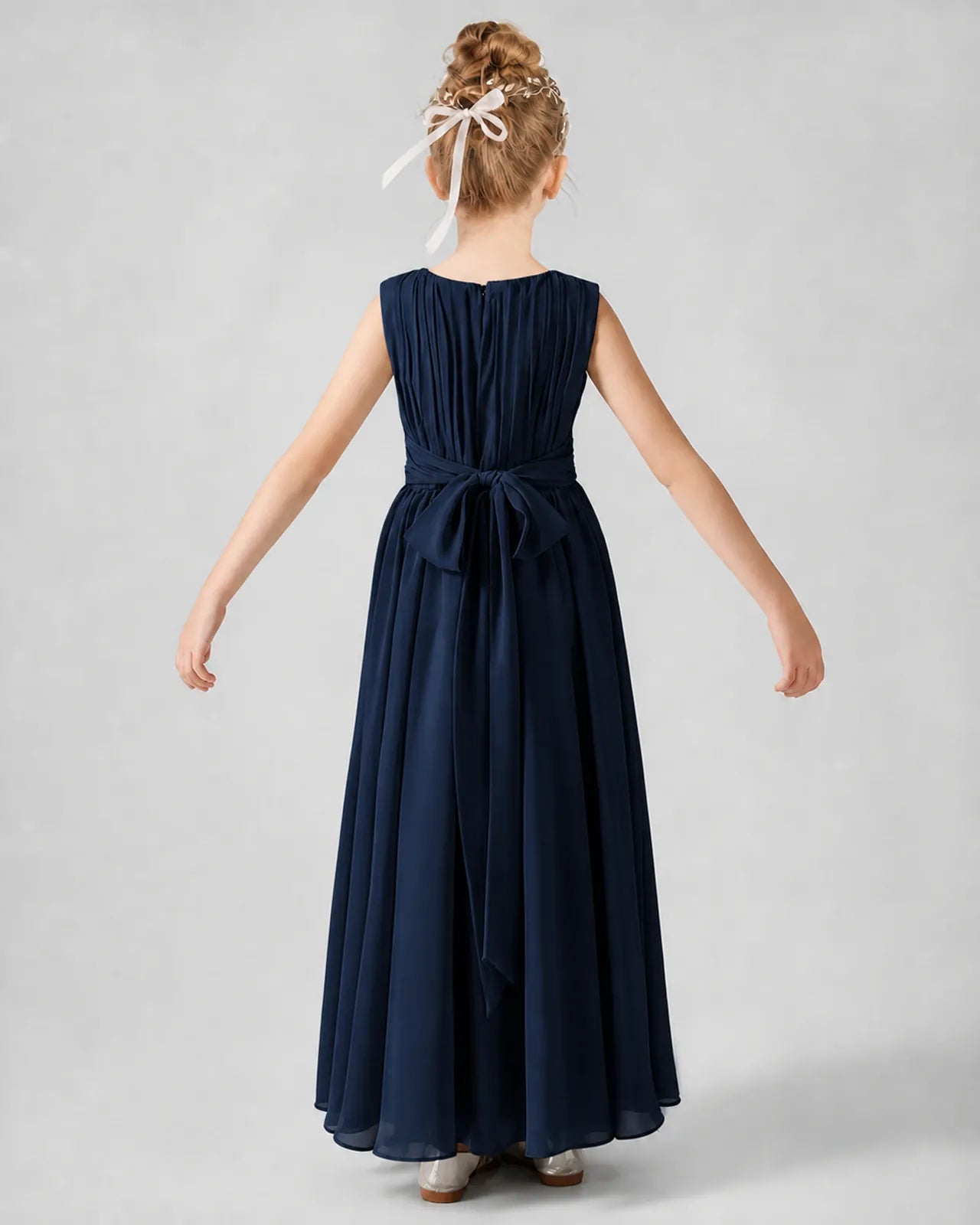 Navy Blue Chiffon A-line Junior Bridesmaid Dress Back View