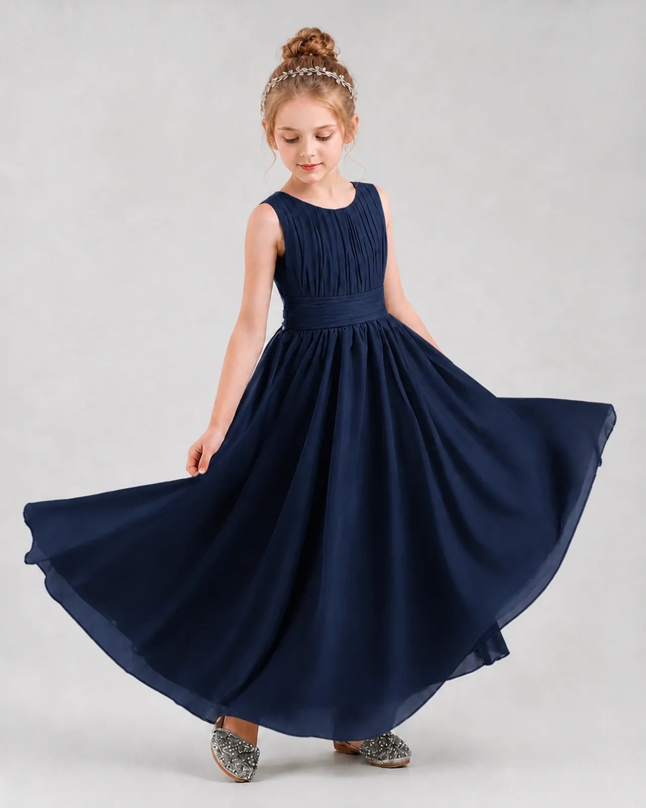 Navy Blue Chiffon A-line Junior Bridesmaid Dress Front View