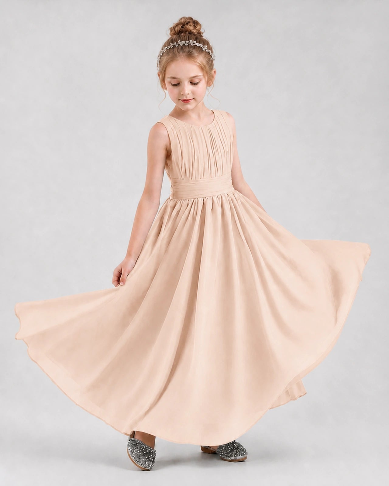 Dideyttawl Junior Bridesmaid Dress with Pleated Bodice and Flowy Chiffon Skirt