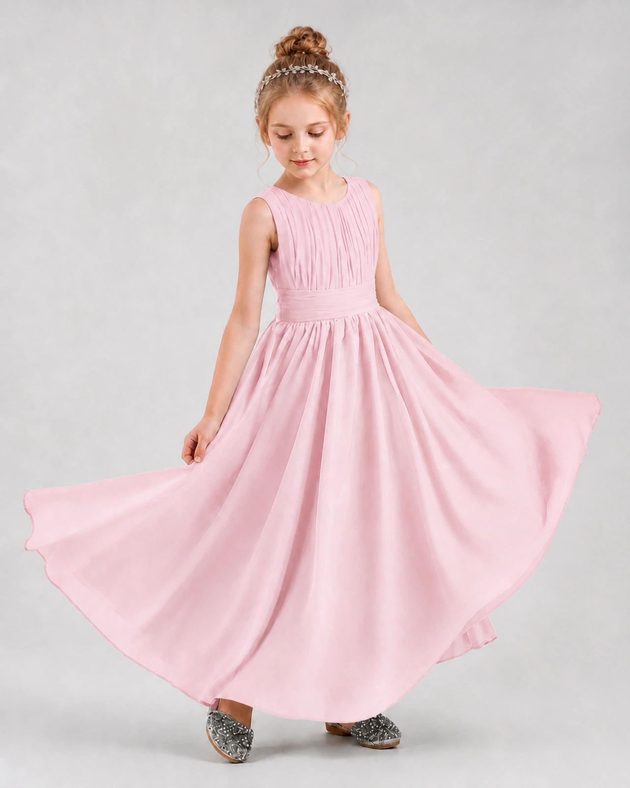 Dideyttawl Junior Bridesmaid Dress with Pleated Bodice and Flowy Chiffon Skirt