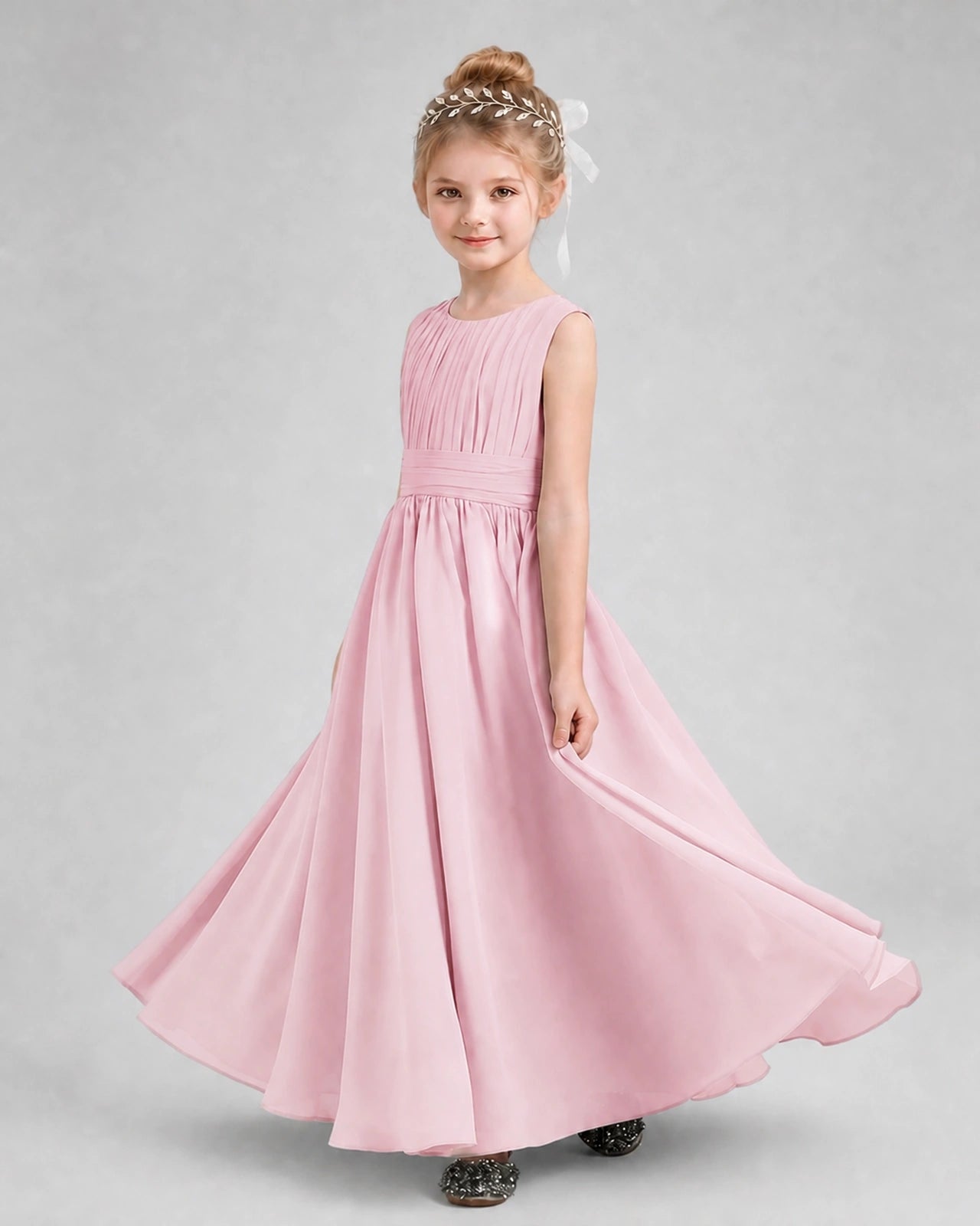 Dideyttawl Junior Bridesmaid Dress with Pleated Bodice and Flowy Chiffon Skirt