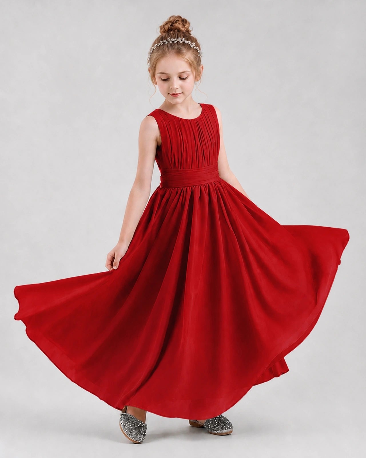 Dideyttawl Junior Bridesmaid Dress with Pleated Bodice and Flowy Chiffon Skirt
