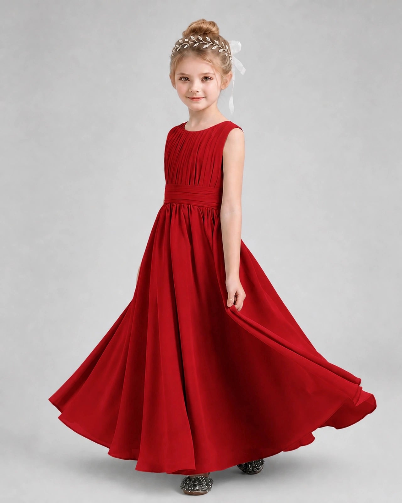 Dideyttawl Junior Bridesmaid Dress with Pleated Bodice and Flowy Chiffon Skirt