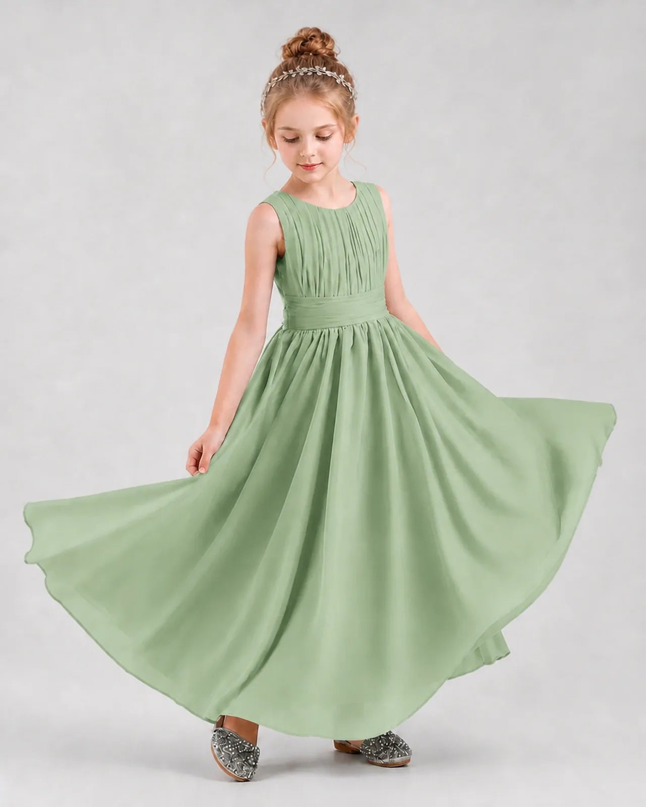 Sage Green Chiffon A-line Junior Bridesmaid Dress Front View