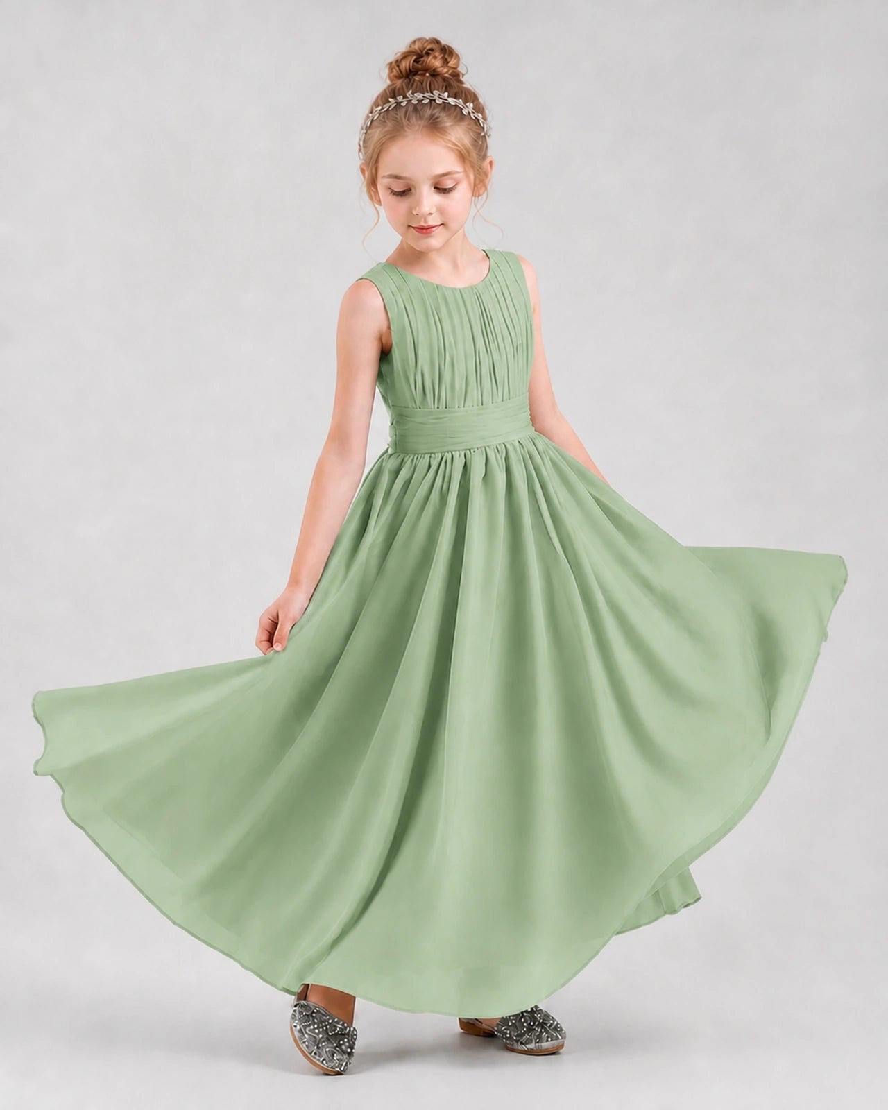 Dideyttawl Junior Bridesmaid Dress with Pleated Bodice and Flowy Chiffon Skirt