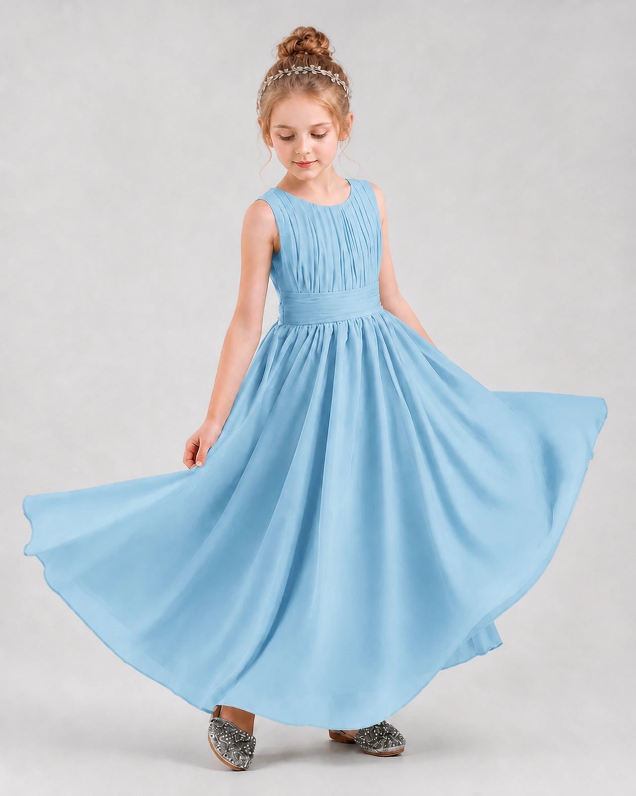 Dideyttawl Junior Bridesmaid Dress with Pleated Bodice and Flowy Chiffon Skirt
