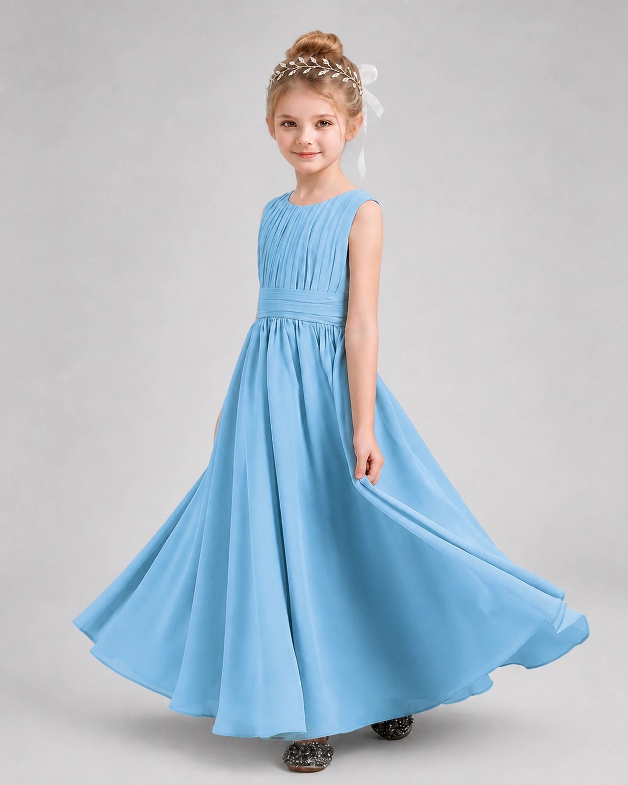 Dideyttawl Junior Bridesmaid Dress with Pleated Bodice and Flowy Chiffon Skirt