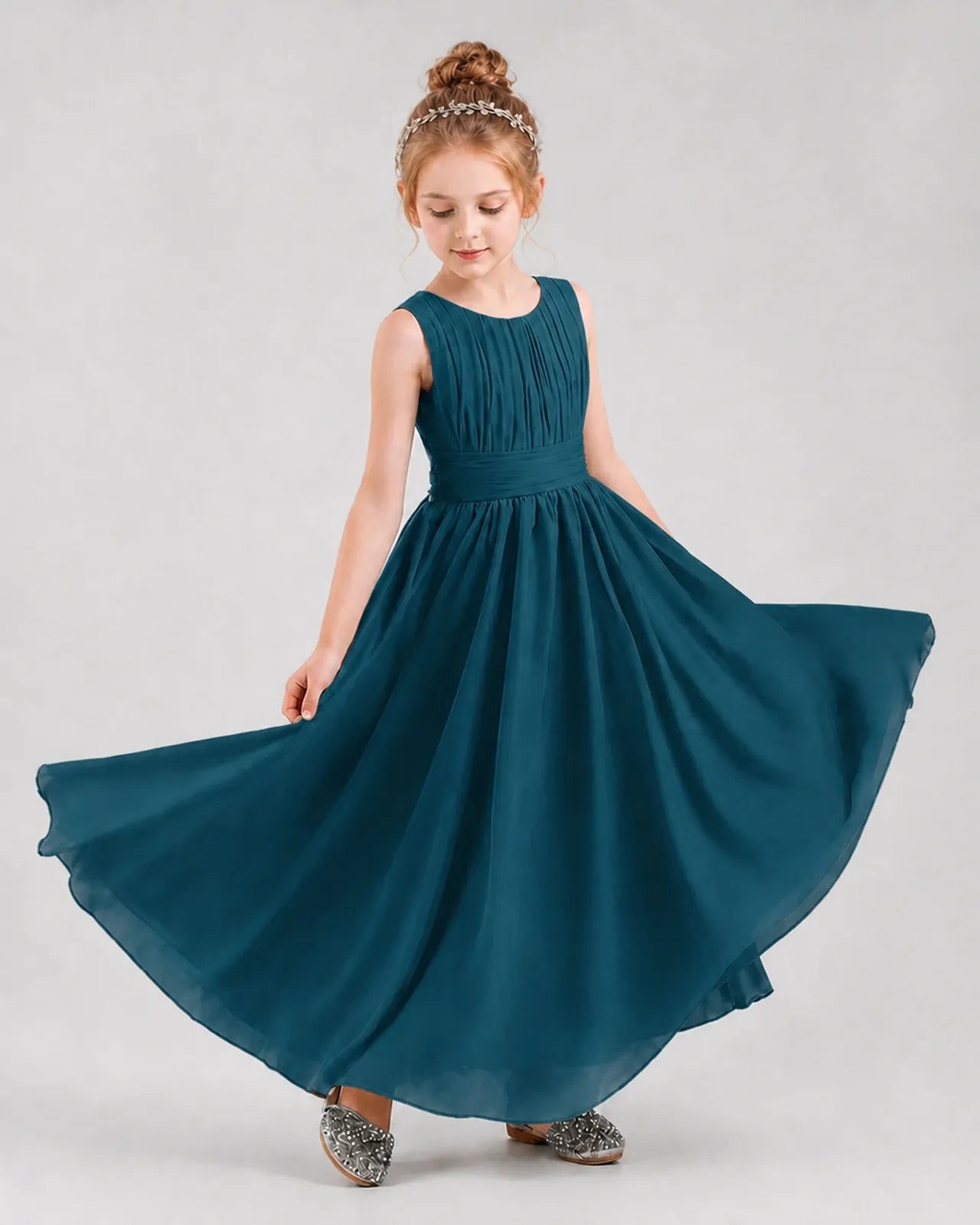 Teal Chiffon A-line Junior Bridesmaid Dress Front View
