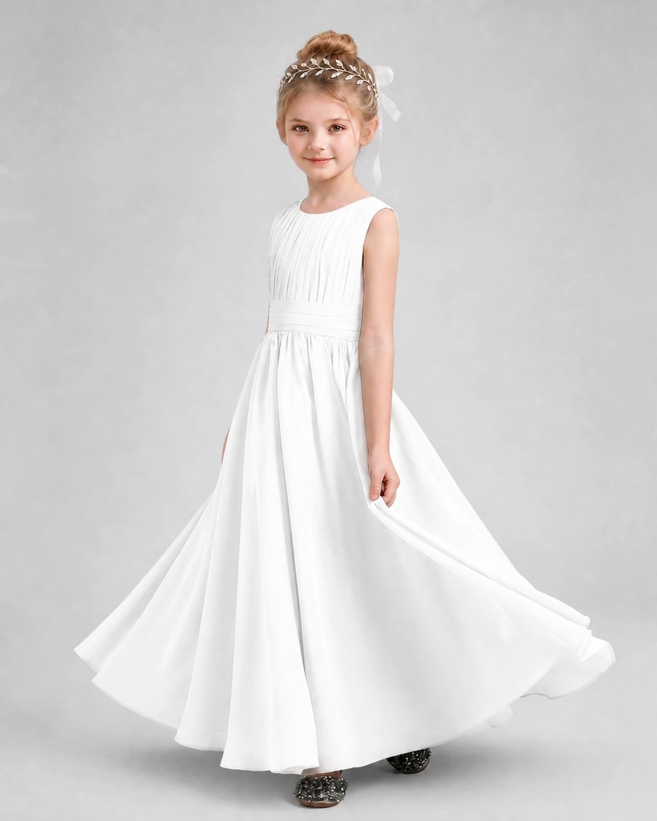 Dideyttawl Junior Bridesmaid Dress with Pleated Bodice and Flowy Chiffon Skirt