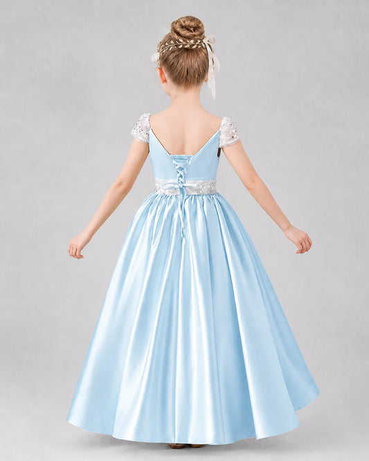 Dideyttawl Pageant Dress with Square Neck Satin Bodice and Beaded Waist