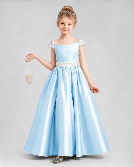 Dideyttawl Pageant Dress with Square Neck Satin Bodice and Beaded Waist