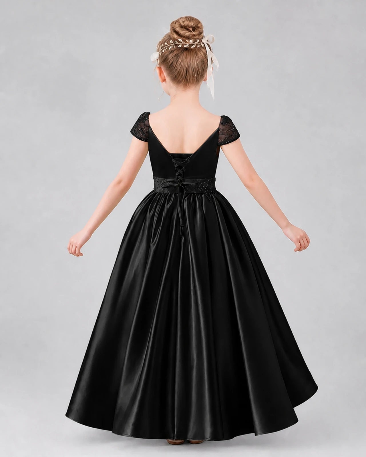 Black Satin A-line Pageant Dress Back View