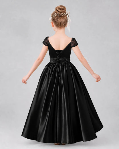 Black Satin A-line Pageant Dress Back View