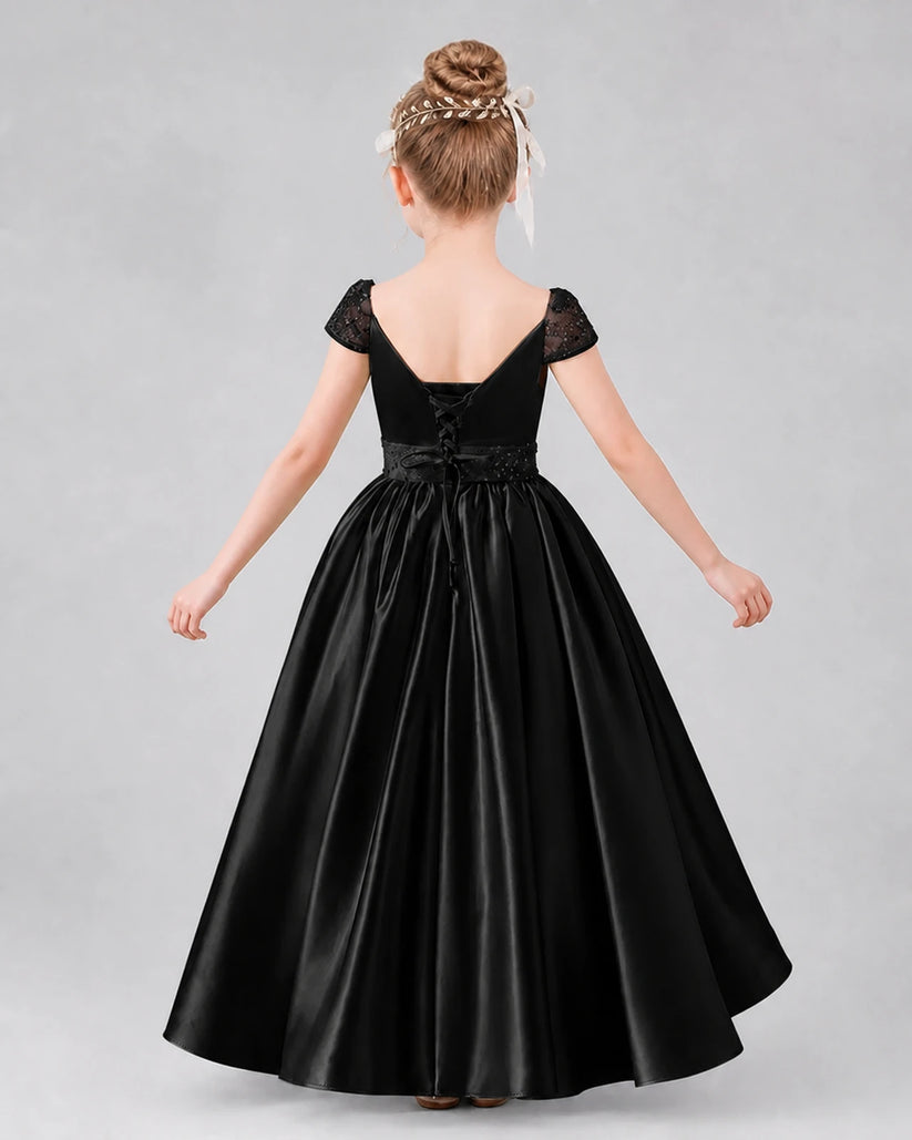 Black Satin A-line Pageant Dress Back View
