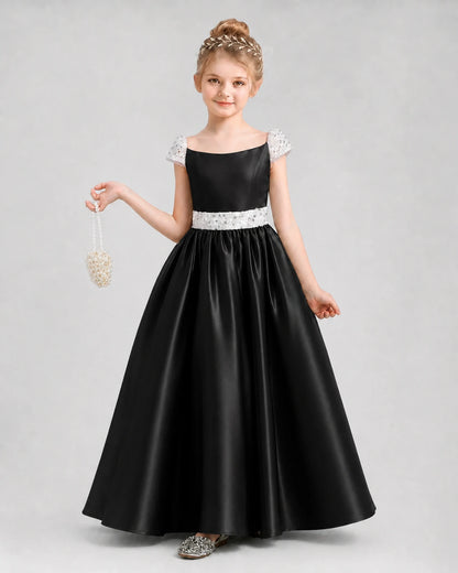 Black Satin A-Line Pageant Dresses Front View