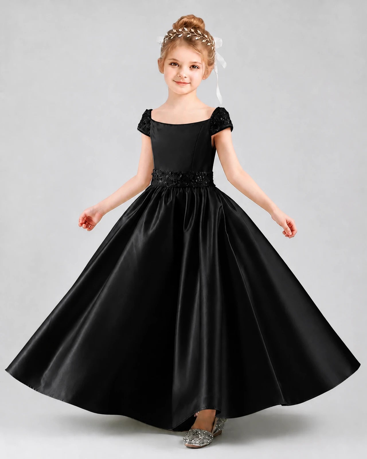 Black Satin Cap Sleeve A Line Pageant Dress Front View