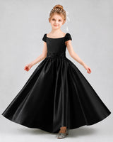 Black Satin Cap Sleeve A Line Pageant Dress Front View