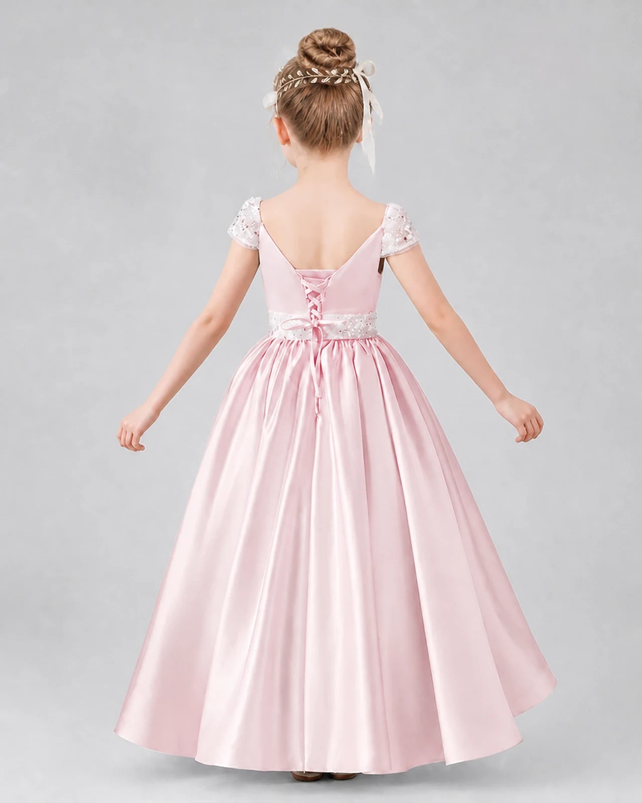 Blush pink satin lace-up ball gown pageant dress Back View