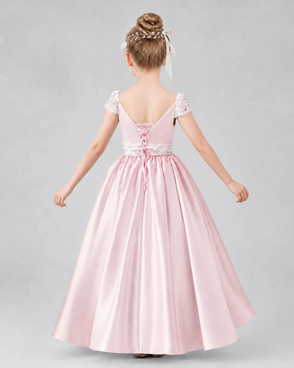 Blush pink satin lace-up ball gown pageant dress Back View